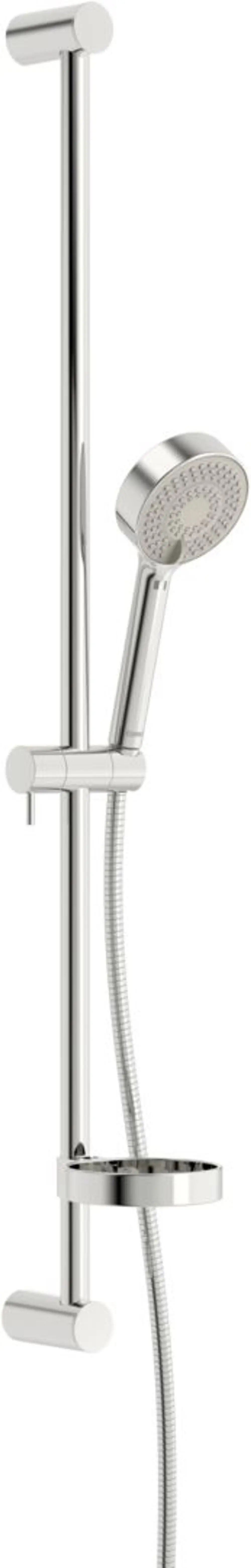 Wandstangengarnitur aus chromfarbenem Material mit einer Handbrause und Halterung, hergestellt von HANSA. Sie ist auch mit einem flexiblen Schlauch ausgestattet.